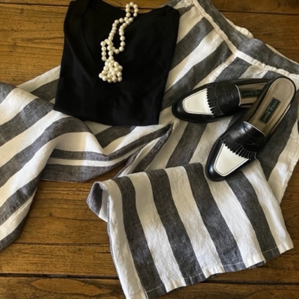 Women's Catherine Malandrino Cream & Black Stripe Wide Leg Linen Pants M